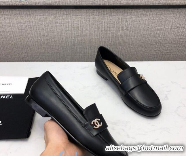 Best Price Chanel Lambskin Pearl CC Flat Loafers C2833 Black Leather 2020