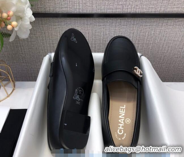 Best Price Chanel Lambskin Pearl CC Flat Loafers C2833 Black Leather 2020