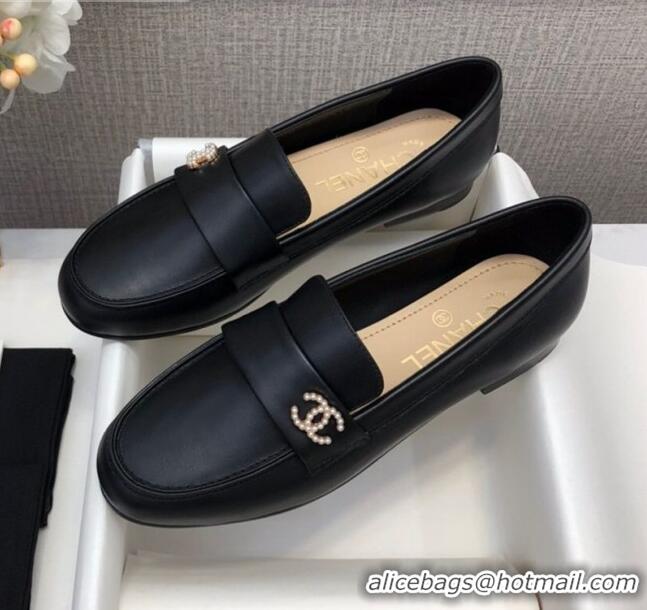 Best Price Chanel Lambskin Pearl CC Flat Loafers C2833 Black Leather 2020