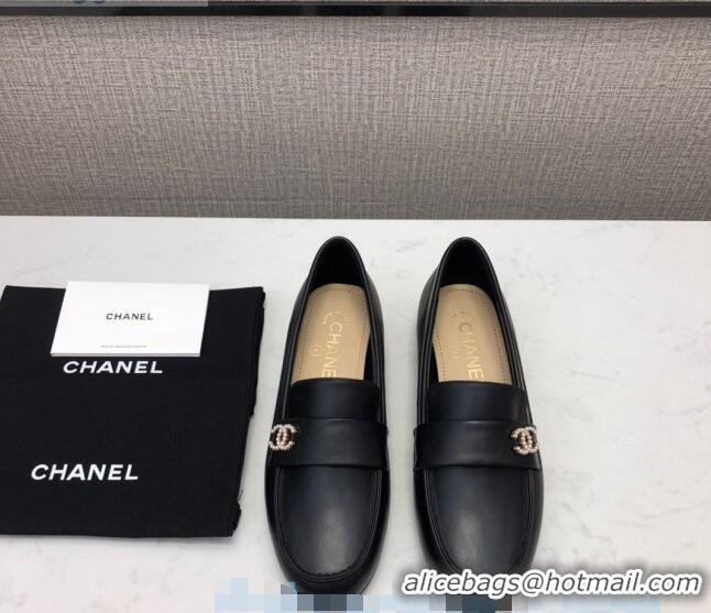 Best Price Chanel Lambskin Pearl CC Flat Loafers C2833 Black Leather 2020