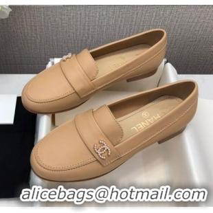 High Quality Chanel Lambskin Pearl CC Flat Loafers C2833 Beige Leather 2020