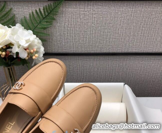 High Quality Chanel Lambskin Pearl CC Flat Loafers C2833 Beige Leather 2020