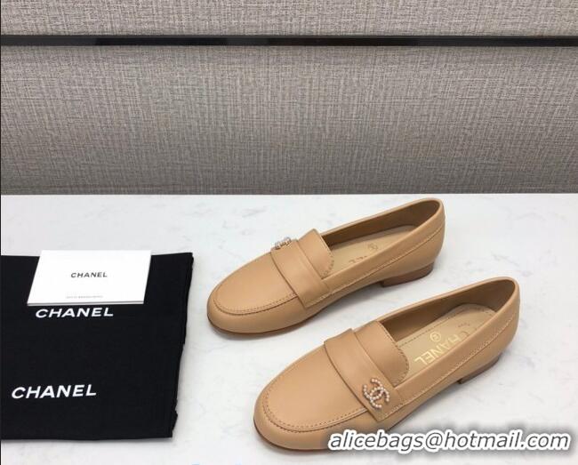 High Quality Chanel Lambskin Pearl CC Flat Loafers C2833 Beige Leather 2020