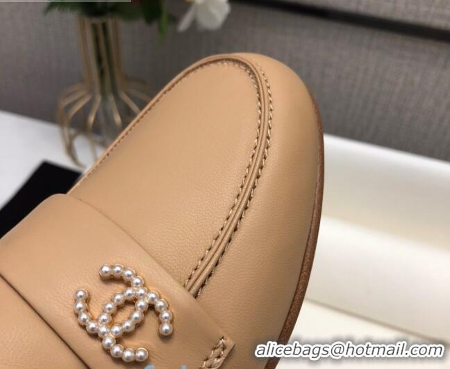 High Quality Chanel Lambskin Pearl CC Flat Loafers C2833 Beige Leather 2020