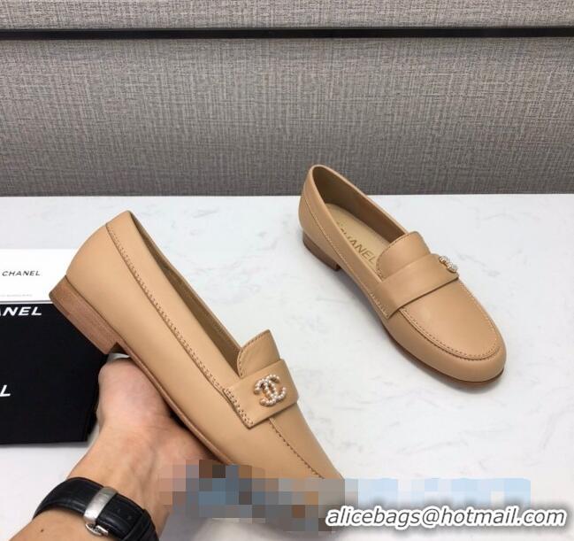 High Quality Chanel Lambskin Pearl CC Flat Loafers C2833 Beige Leather 2020