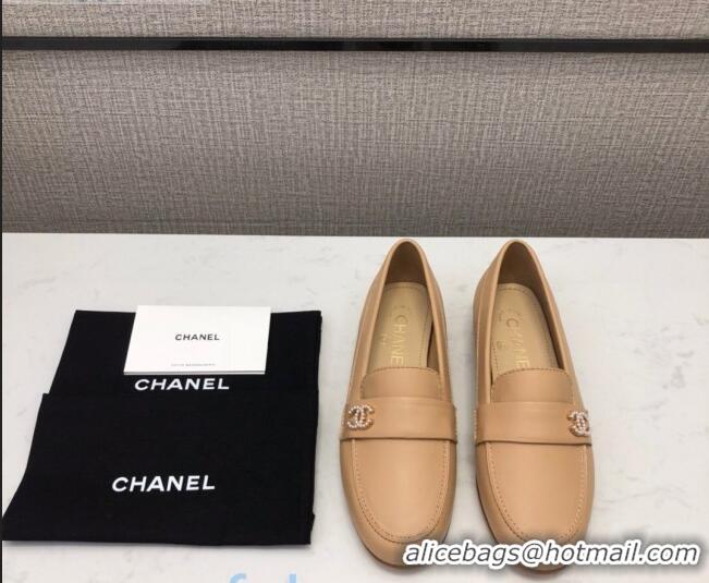 High Quality Chanel Lambskin Pearl CC Flat Loafers C2833 Beige Leather 2020