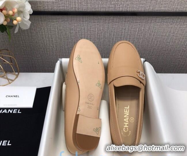 High Quality Chanel Lambskin Pearl CC Flat Loafers C2833 Beige Leather 2020