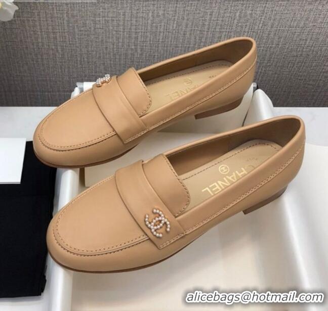 High Quality Chanel Lambskin Pearl CC Flat Loafers C2833 Beige Leather 2020