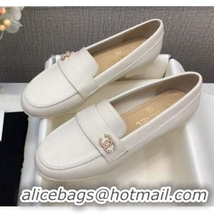 New Product Chanel Lambskin Pearl CC Flat Loafers C2833 White Leather 2020