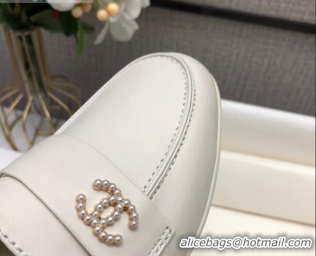 New Product Chanel Lambskin Pearl CC Flat Loafers C2833 White Leather 2020