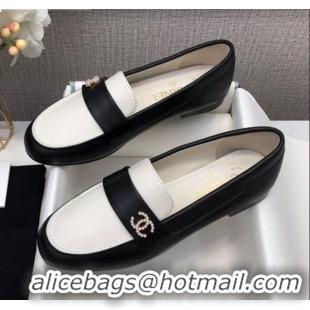 Top Quality Chanel Lambskin Pearl CC Flat Loafers C2833 Black/White 2020