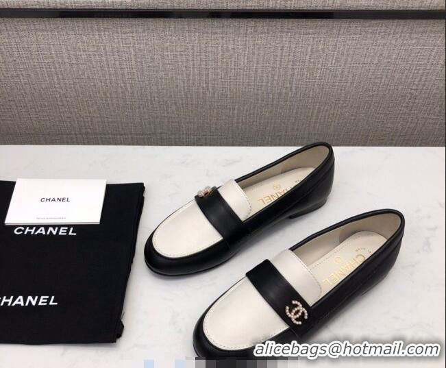 Top Quality Chanel Lambskin Pearl CC Flat Loafers C2833 Black/White 2020