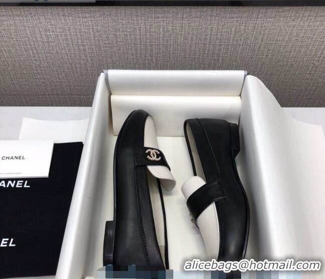 Top Quality Chanel Lambskin Pearl CC Flat Loafers C2833 Black/White 2020