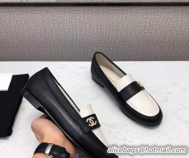 Top Quality Chanel Lambskin Pearl CC Flat Loafers C2833 Black/White 2020