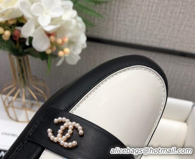 Top Quality Chanel Lambskin Pearl CC Flat Loafers C2833 Black/White 2020