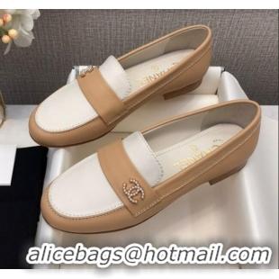 Hot Sell Chanel Lambskin Pearl CC Flat Loafers C2833 Beige/White 2020