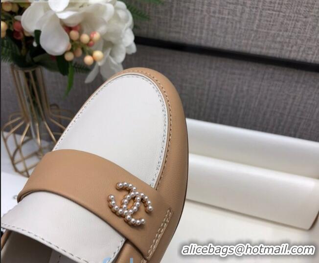 Hot Sell Chanel Lambskin Pearl CC Flat Loafers C2833 Beige/White 2020