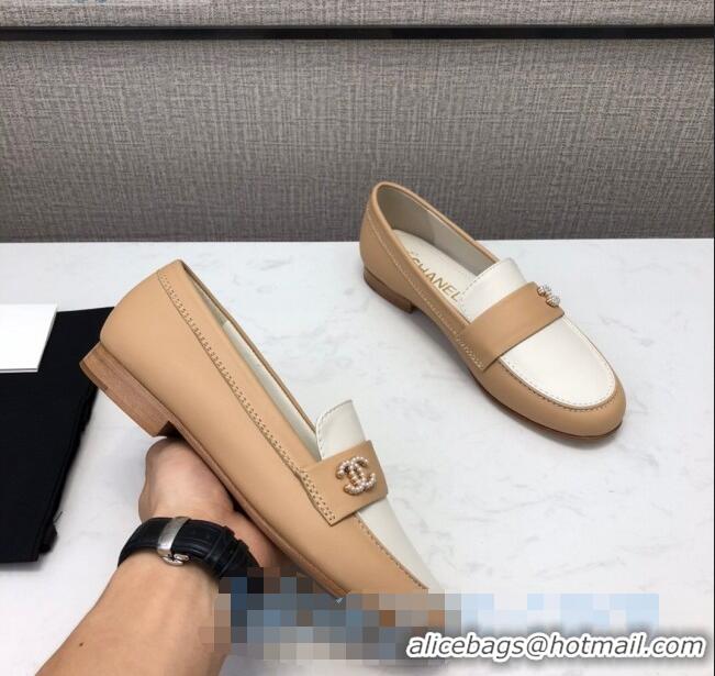 Hot Sell Chanel Lambskin Pearl CC Flat Loafers C2833 Beige/White 2020