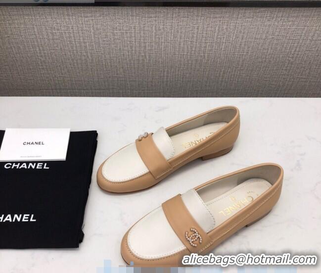 Hot Sell Chanel Lambskin Pearl CC Flat Loafers C2833 Beige/White 2020