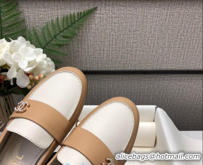 Hot Sell Chanel Lambskin Pearl CC Flat Loafers C2833 Beige/White 2020