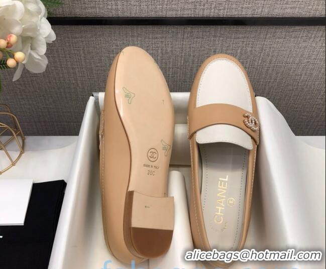 Hot Sell Chanel Lambskin Pearl CC Flat Loafers C2833 Beige/White 2020