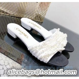 Cheapest Chanel Lambskin Pearl Bead Charm Slide Sandals C2916 White 2020