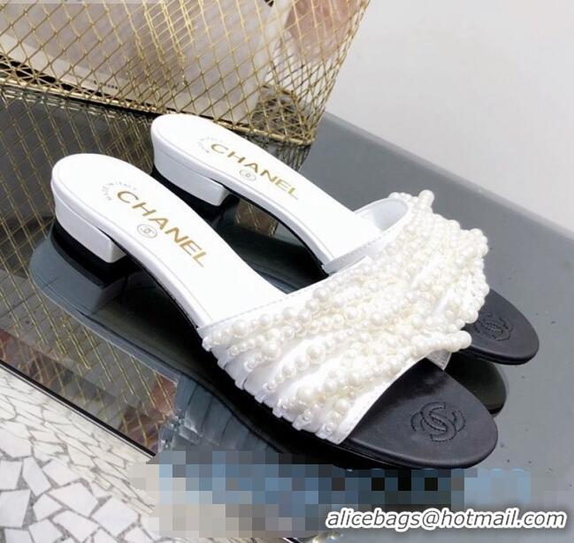 Cheapest Chanel Lambskin Pearl Bead Charm Slide Sandals C2916 White 2020