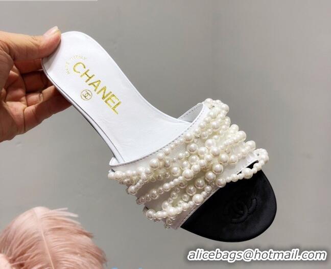 Cheapest Chanel Lambskin Pearl Bead Charm Slide Sandals C2916 White 2020