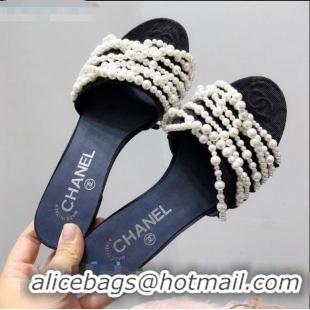 Classic Chanel Fabric Pearl Bead Charm Slide Sandals C2918 Black 2020