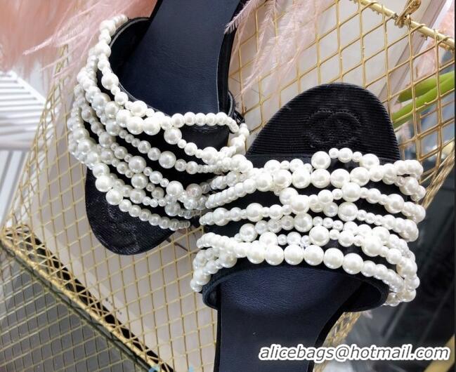 Classic Chanel Fabric Pearl Bead Charm Slide Sandals C2918 Black 2020