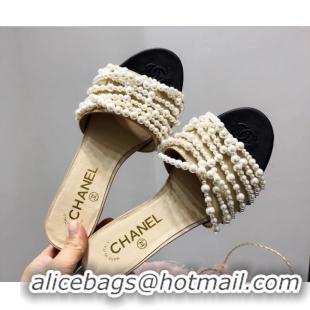 Inexpensive Chanel Lambskin Pearl Bead Charm Slide Sandals C2919 Beige 2020