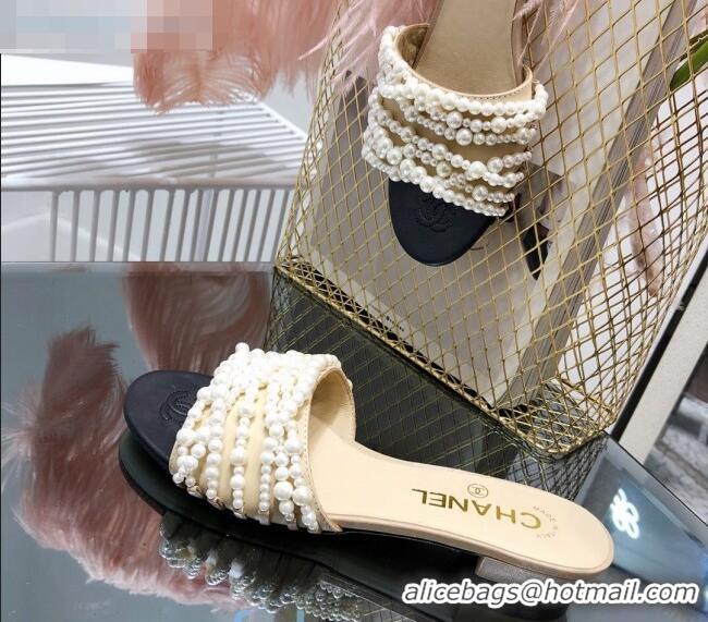 Inexpensive Chanel Lambskin Pearl Bead Charm Slide Sandals C2919 Beige 2020