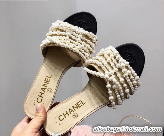 Inexpensive Chanel Lambskin Pearl Bead Charm Slide Sandals C2919 Beige 2020