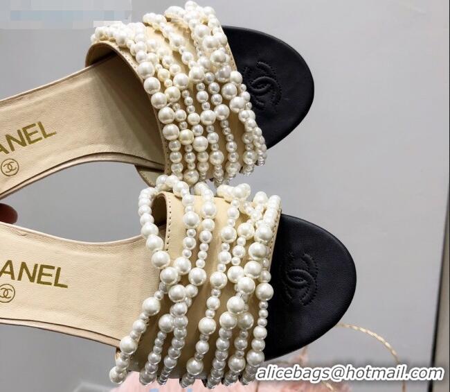 Inexpensive Chanel Lambskin Pearl Bead Charm Slide Sandals C2919 Beige 2020