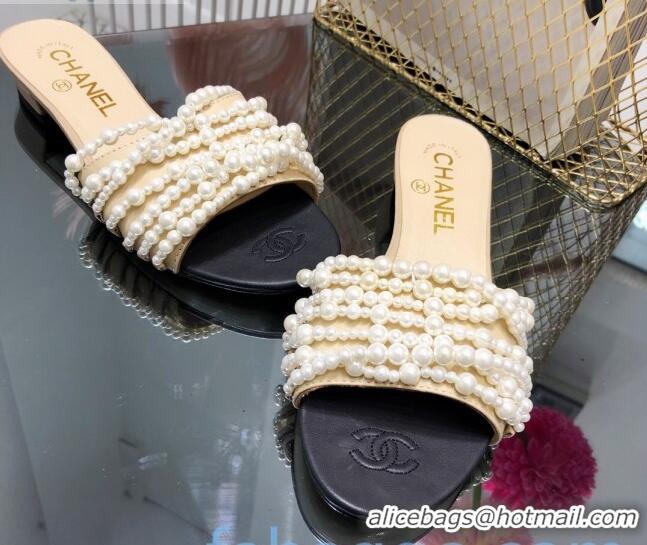 Inexpensive Chanel Lambskin Pearl Bead Charm Slide Sandals C2919 Beige 2020