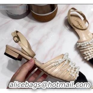 Top Quality Chanel Lambskin Pearl Bead Charm Low-Heel Slingback Pumps C2921 Beige 2020