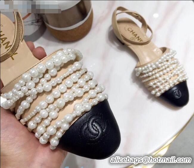 Top Quality Chanel Lambskin Pearl Bead Charm Low-Heel Slingback Pumps C2921 Beige 2020