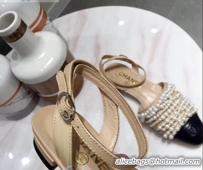 Top Quality Chanel Lambskin Pearl Bead Charm Low-Heel Slingback Pumps C2921 Beige 2020