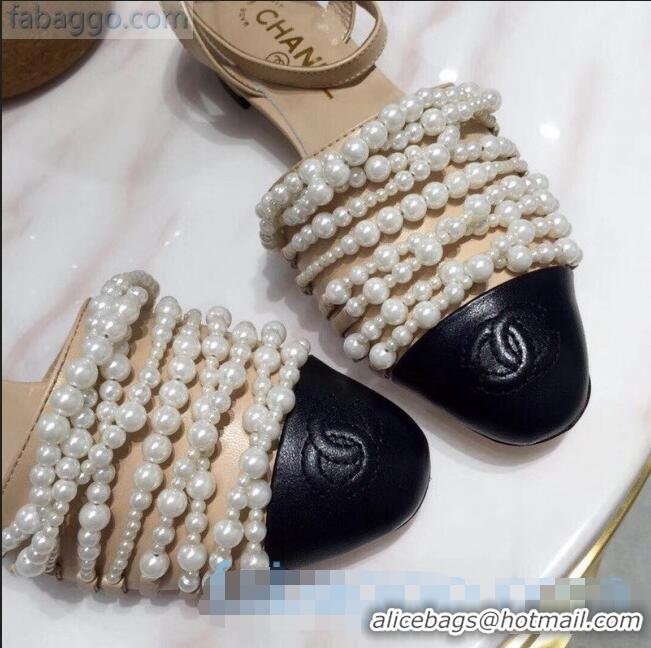 Top Quality Chanel Lambskin Pearl Bead Charm Low-Heel Slingback Pumps C2921 Beige 2020