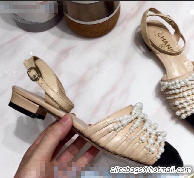 Top Quality Chanel Lambskin Pearl Bead Charm Low-Heel Slingback Pumps C2921 Beige 2020