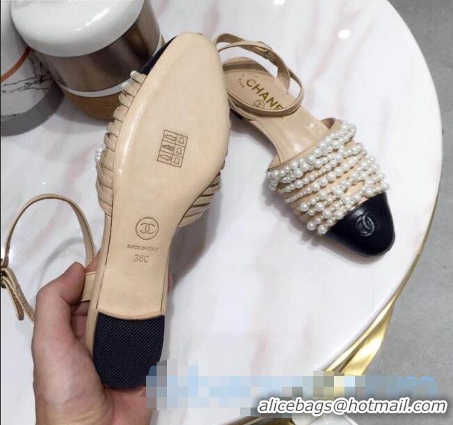 Top Quality Chanel Lambskin Pearl Bead Charm Low-Heel Slingback Pumps C2921 Beige 2020