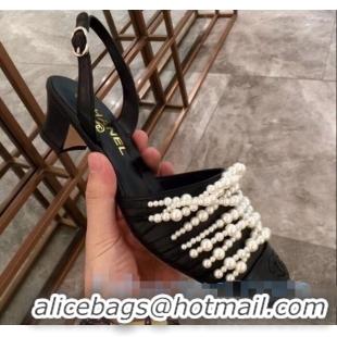 Buy Cheap Chanel Lambskin Pearl Bead Charm Heel 50 Slingback Pumps C2922 Black 2020