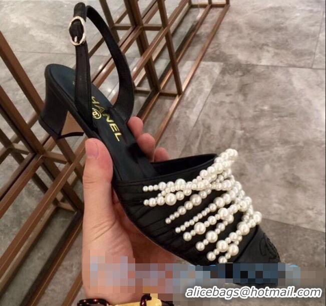 Buy Cheap Chanel Lambskin Pearl Bead Charm Heel 50 Slingback Pumps C2922 Black 2020