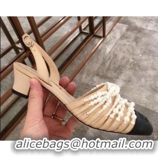 Inexpensive Chanel Lambskin Pearl Bead Charm Heel 50 Slingback Pumps C2922 Beige 2020