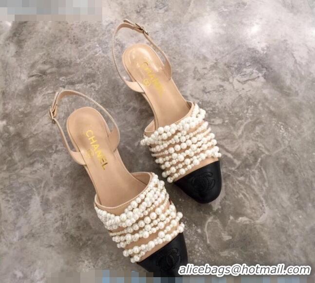 Inexpensive Chanel Lambskin Pearl Bead Charm Heel 50 Slingback Pumps C2922 Beige 2020