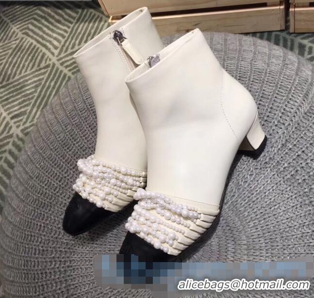 Top Quality Chanel Calfskin Pearl Bead Charm Heel 40 Ankle Boots C2924 White 2020