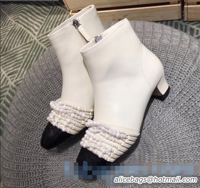 Top Quality Chanel Calfskin Pearl Bead Charm Heel 40 Ankle Boots C2924 White 2020