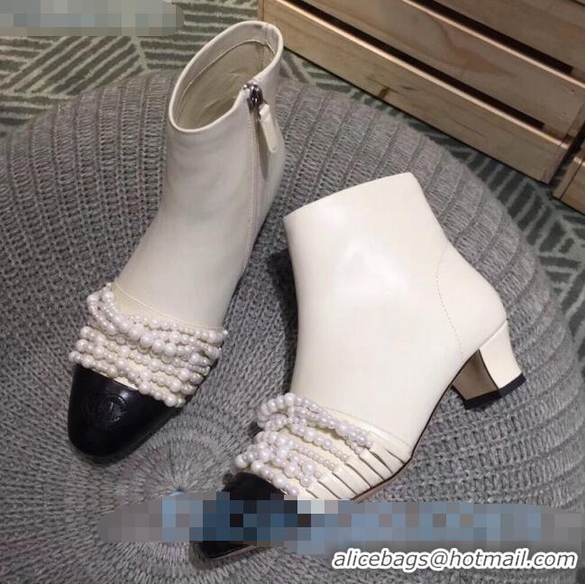 Top Quality Chanel Calfskin Pearl Bead Charm Heel 40 Ankle Boots C2924 White 2020