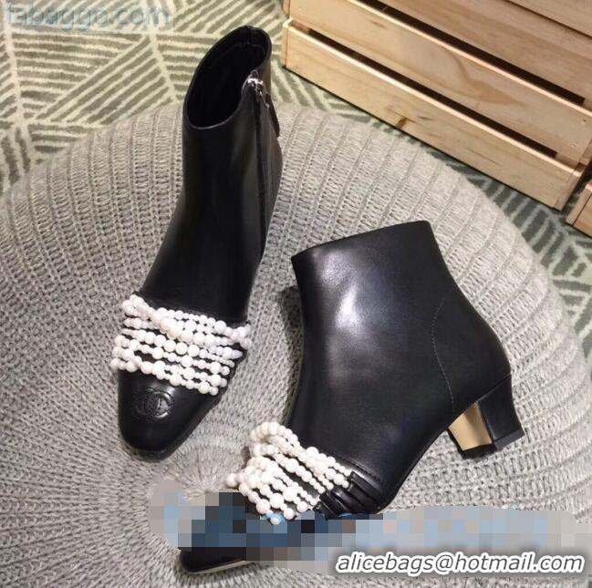 New Design Chanel Calfskin Pearl Bead Charm Heel 40 Ankle Boots C2924 Black 2020