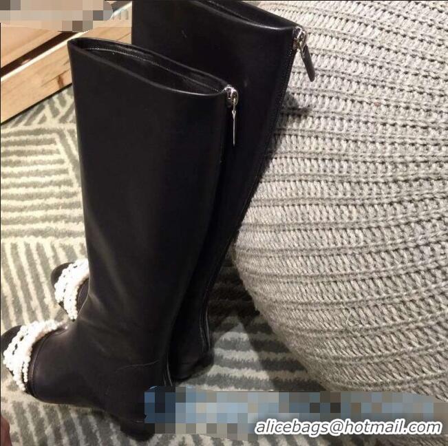 Buy Cheap Chanel Calfskin Pearl Bead Charm Heel 40 High Boots C2926 Black 2020